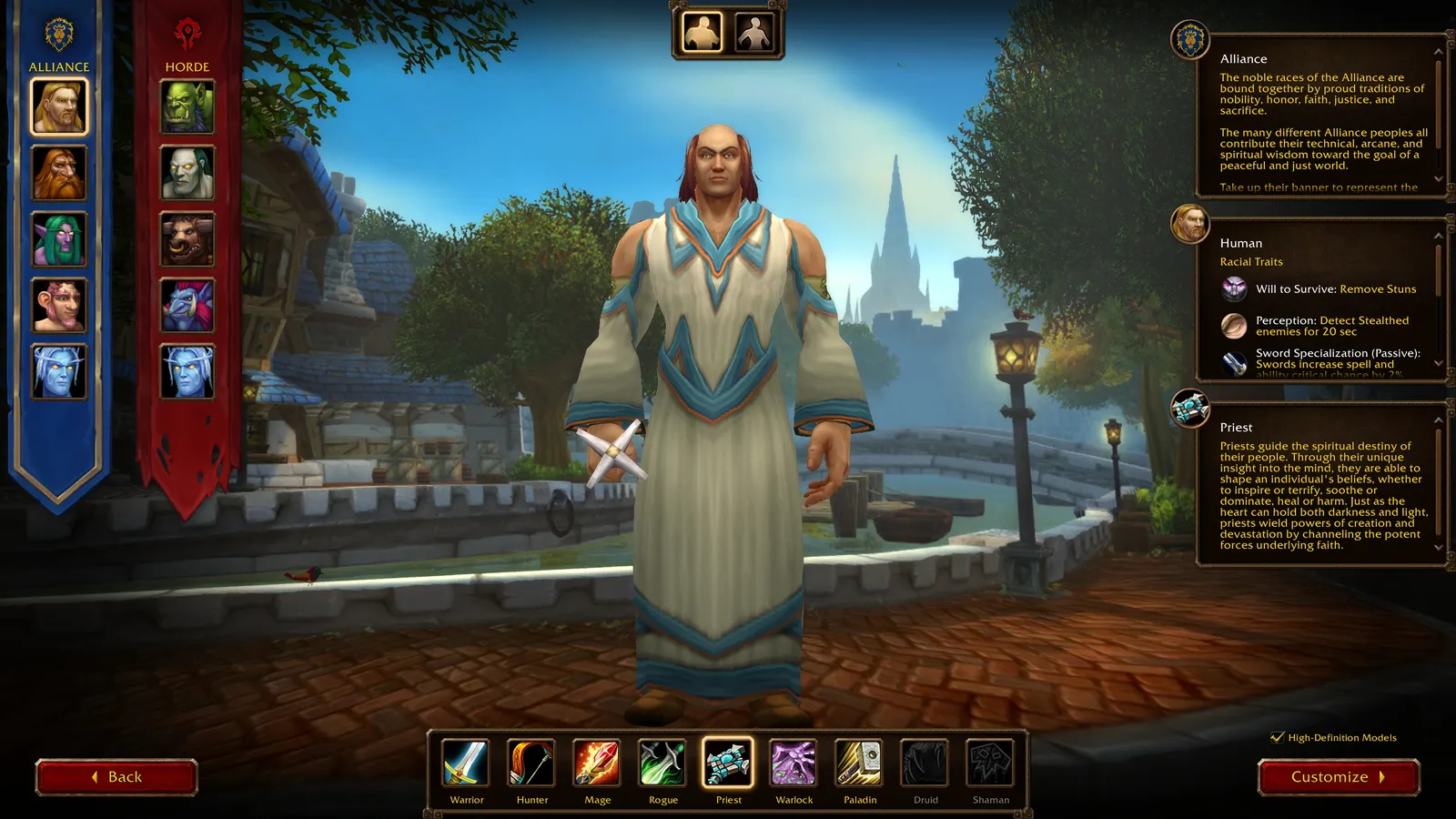 A Human Priest on the WoW Forever character creation screen