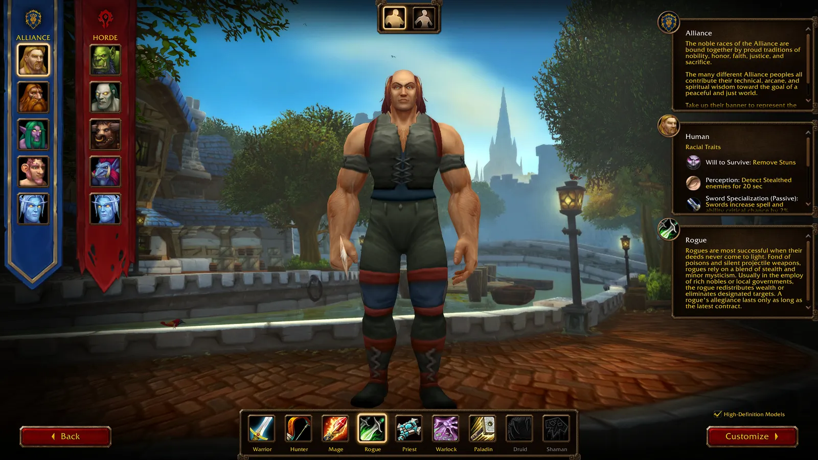 A Human Rogue on the WoW Forever character creation screen
