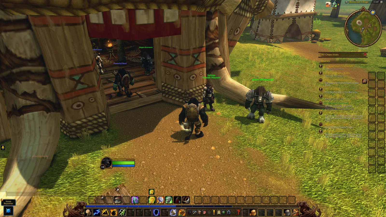 A Tauren player next to Seikwa, the Stable Master, in Mulgore