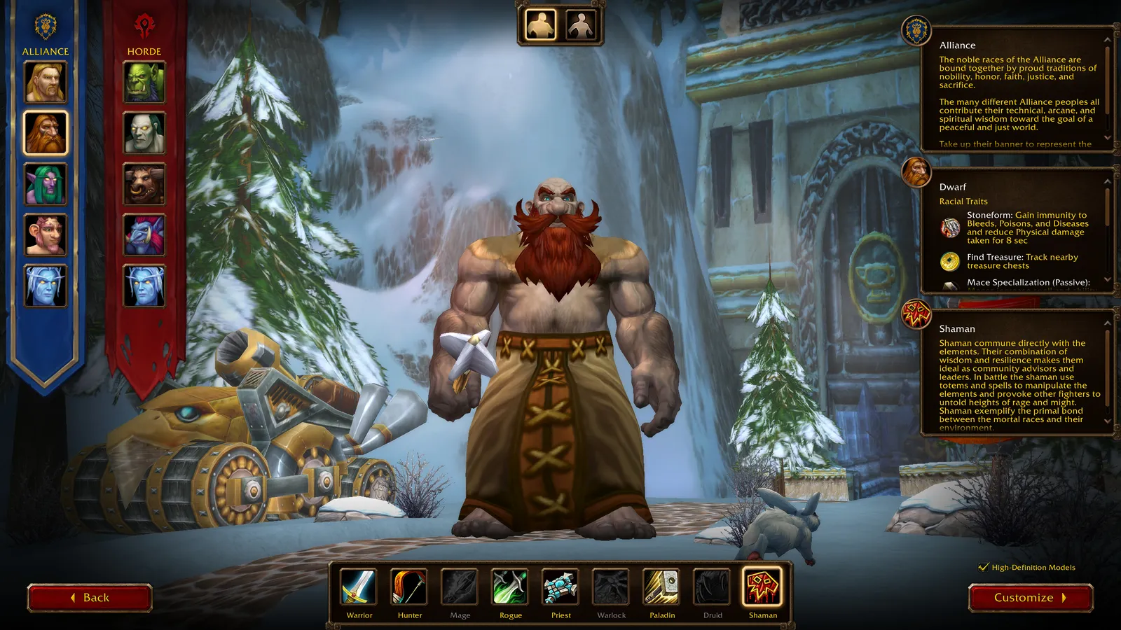 A Dwarf Shaman on the character creation screen, with the Dwarf racial traits panel showing Stoneform, Find Treasure and Mace Specialization