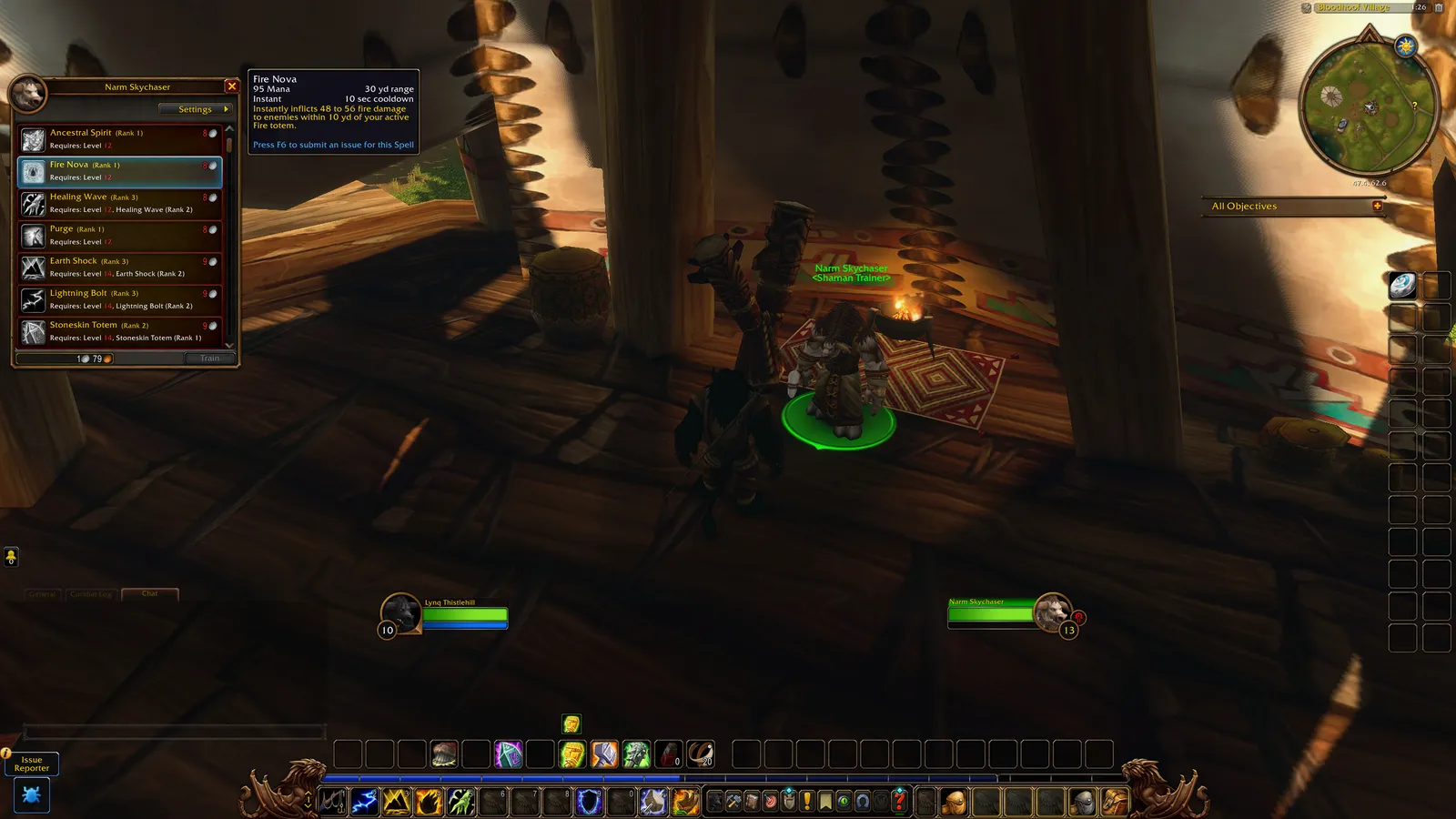 Fire Nova in the Shaman trainer window, with its tooltip