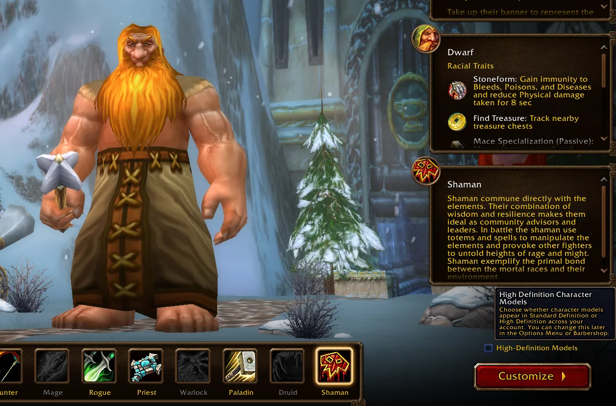 Character creation with the High-Definition Models option and its tooltip explaining that character models can appear in Standard or High Definition